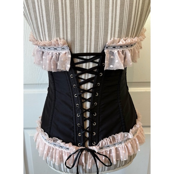 RARE Victoria's Secret Sexy Little Things Black Satin Pink Ruffle Corset Medium - Picture 3 of 6